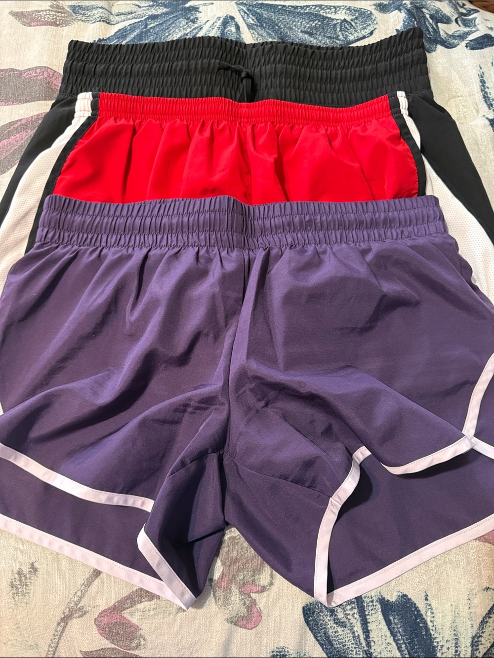 3 Athletic Shorts (Red Nike Large)(Athletic Purple Medium)(Black Sophia Large)